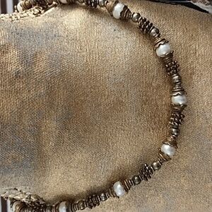 Vintage Antique Gold, Brass & Pearl Beaded Necklace With Toggle Clasp